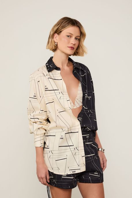 Camisa De Algodão Manga Longa Bicolor Estampada Est Geo Laser - 40