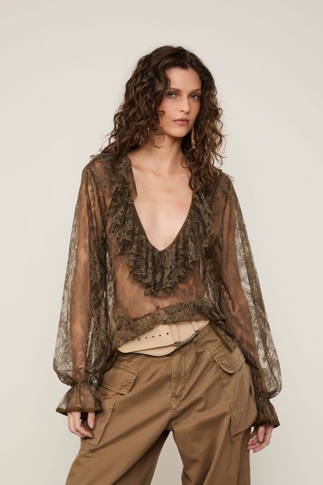 Bata De Renda Manga Longa Marrom Marrom Kahn - 36