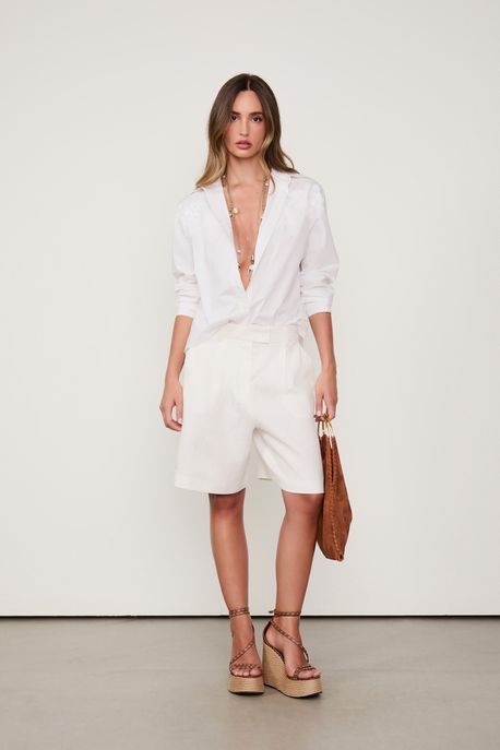 Camisa De Algodão Manga Longa Com Bordado De Coqueiro Branco - 34