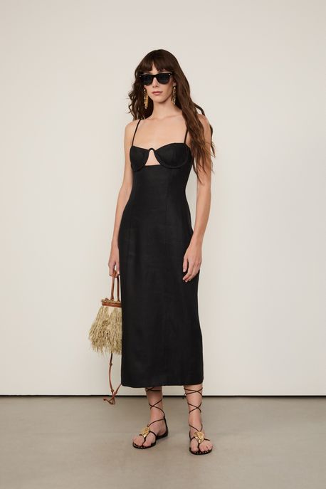 Vestido De Linho Midi Preto - 36