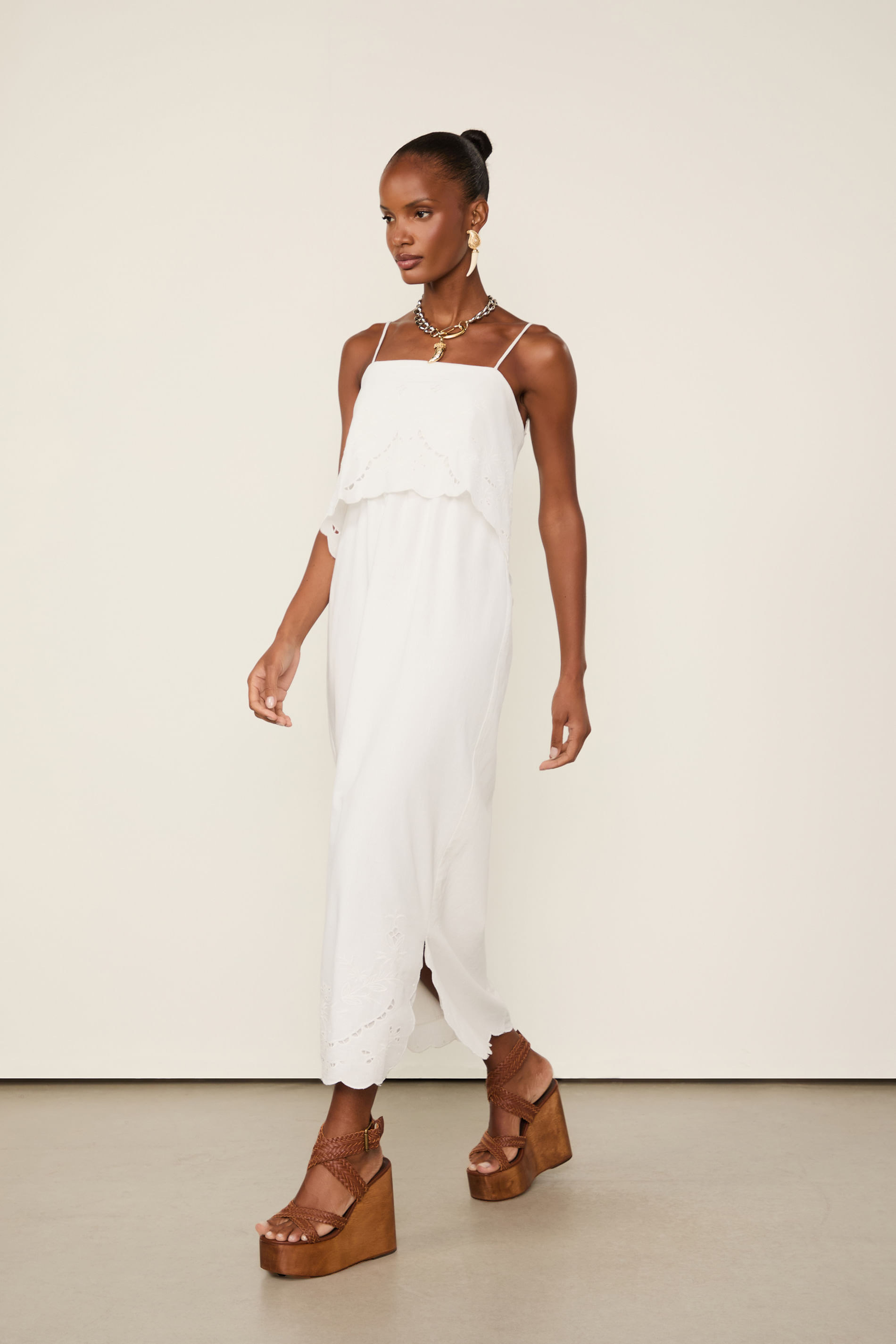 Vestido Midi Com Linho Com Top Bordado Off White