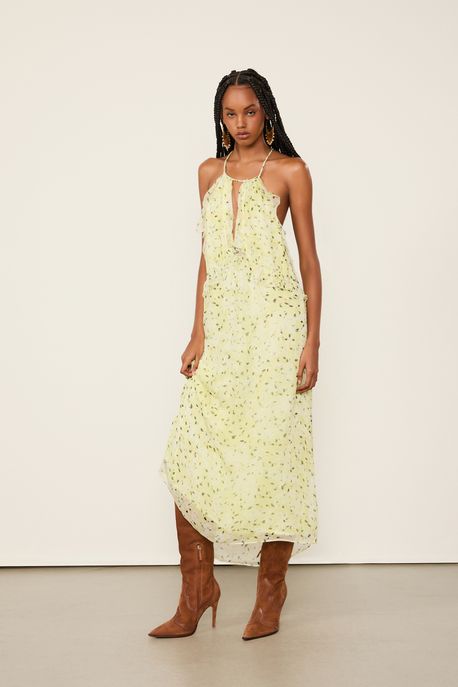 Vestido De Chiffon Longuete Estampado Babados Est Liberty Petalas Color - 34