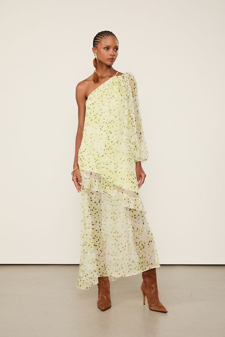 Vestido De Chiffon Midi Estampado Uma Manga Só Est Liberty Petalas Color - 40