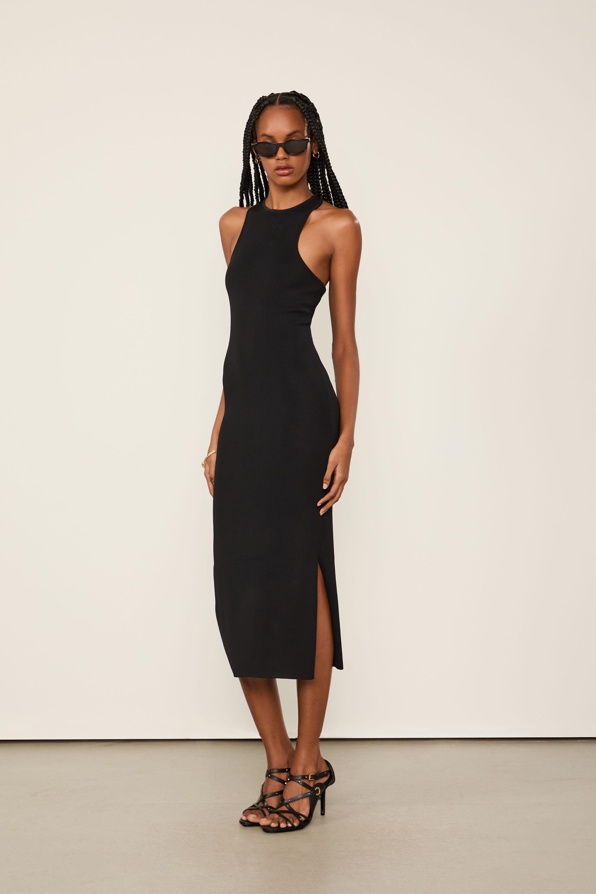 Vestido De Tricot Midi Com Decote Costas Assimétrico