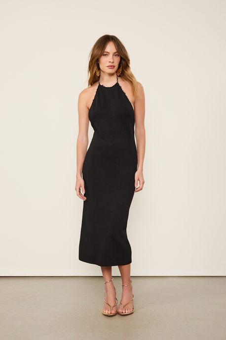 Vestido De Tricot Midi Frente Única Com Bordado Decote Preto - P