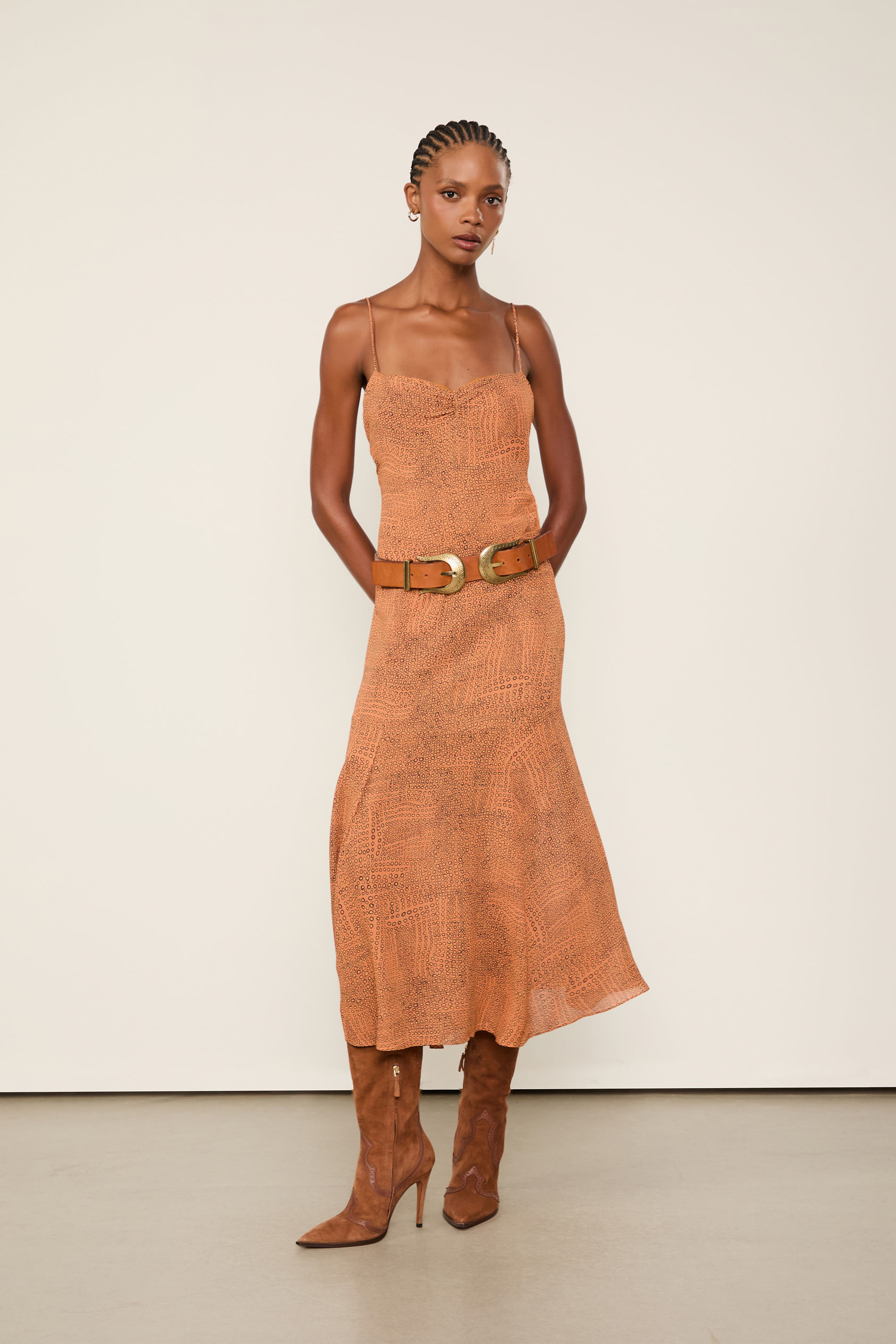 Vestido De Georgette Midi Estampa Alcinha