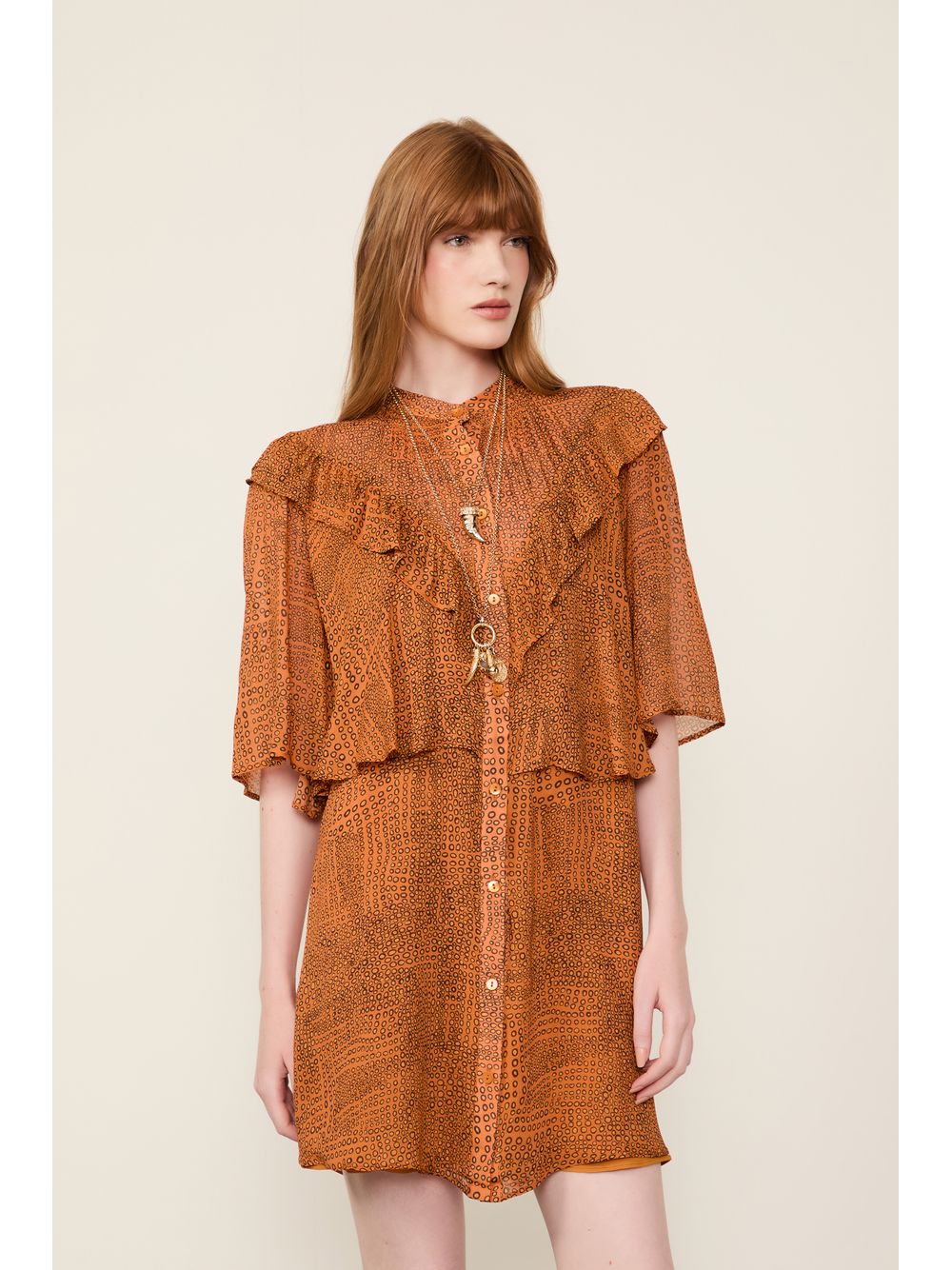 Animale — Vestido De Georgette Curto Manga Curta Babados Estampado