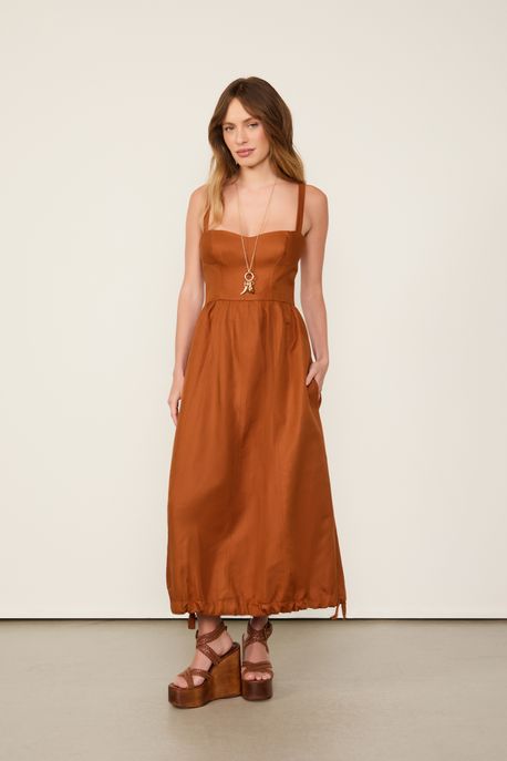 Vestido Com Linho Marrom Caramelo Marrom Caramelo - 44