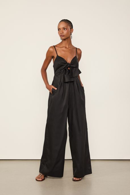 Macacão De Algodão Decote Laço Preto Preto - 42