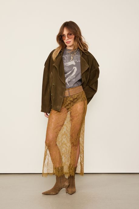 Saia De Renda Midi Verde Com Hot Pants Verde Antique - 38
