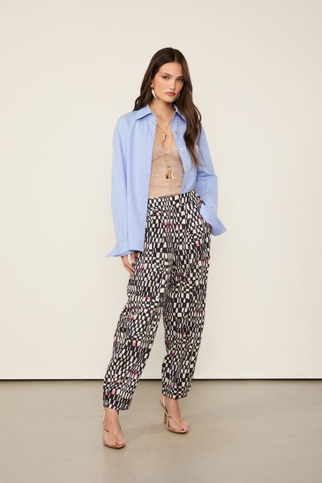 Calça De Algodão Recortes Estampada Est Geo Festival Tofu e Preto ¨ - 38