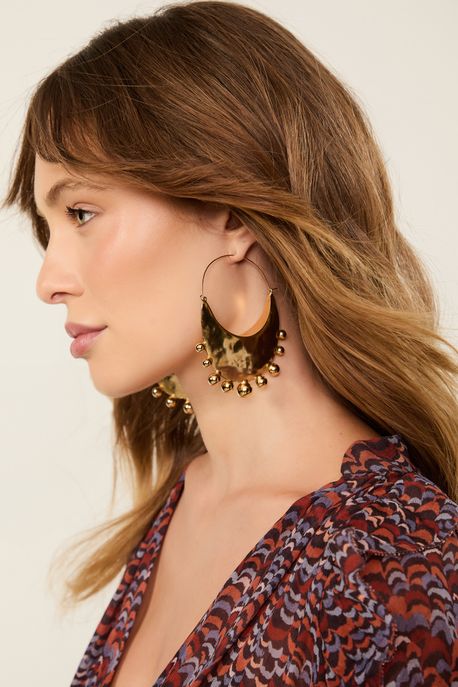 Brinco Grande Detalhe Bolinhas Dourado Ouro - U