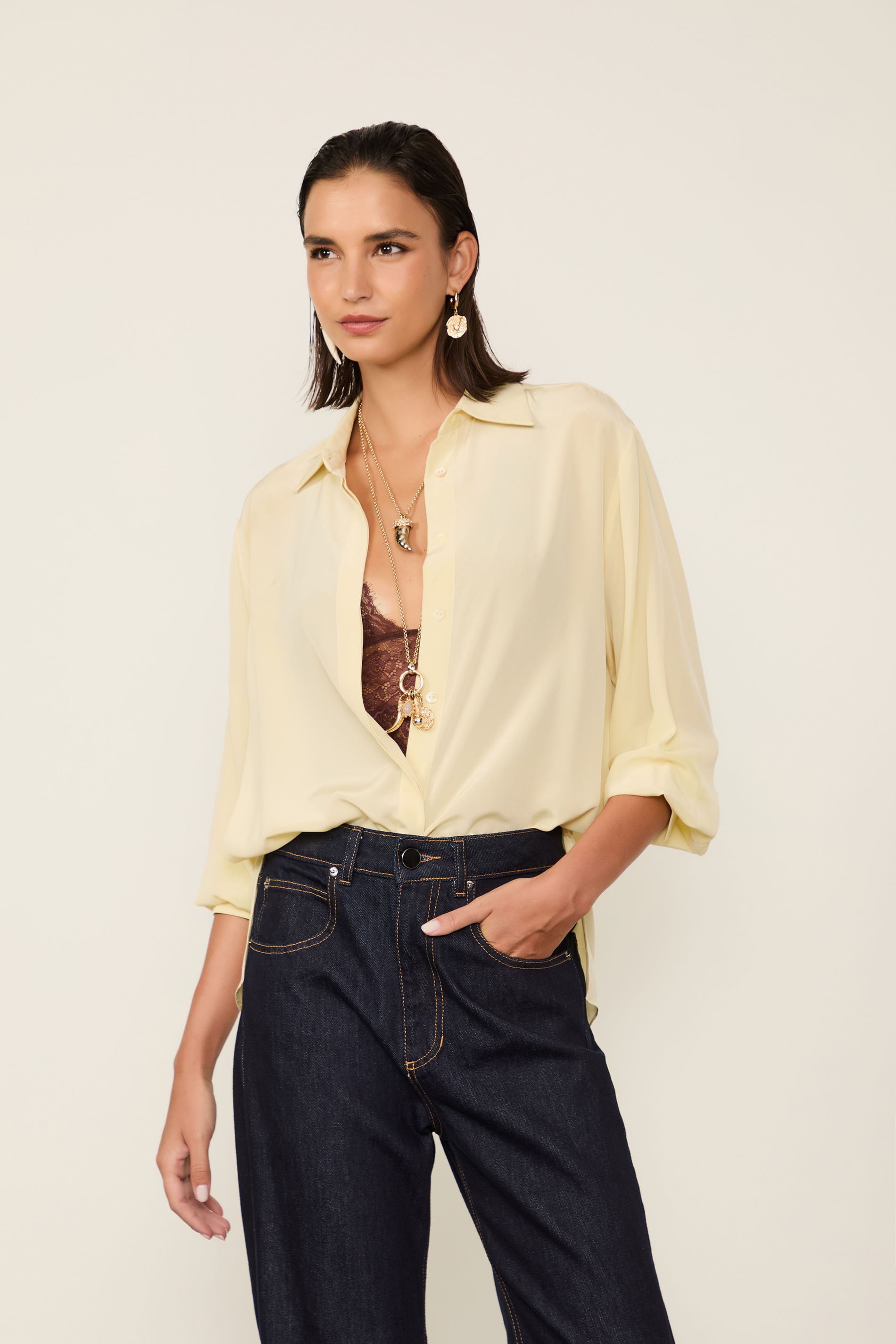 Camisa De Seda Ampla Amarelo Campo Manga Longa