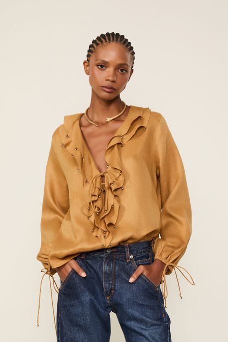 Blusa De Linho Com Babados Marrom Sepia - P
