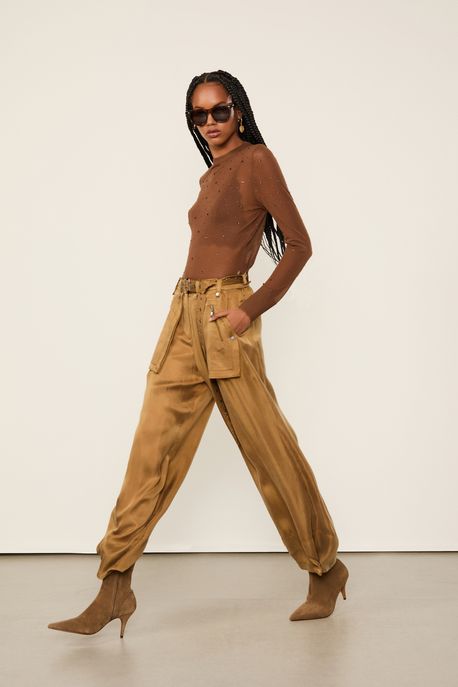 Blusa De Tricot Transparente Com Hotfix Marrom Dries - G