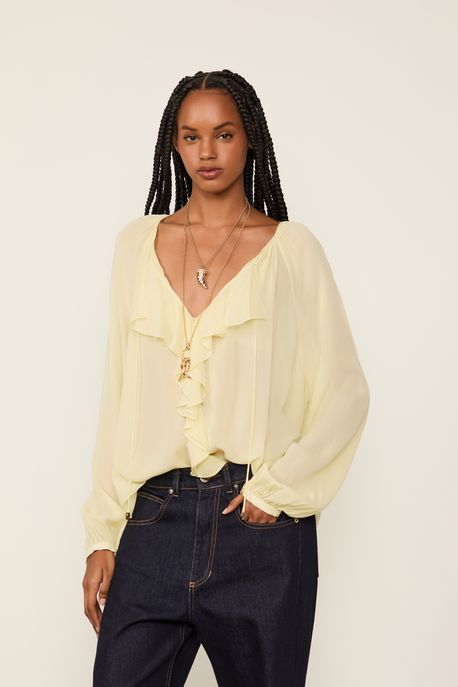 Bata De Georgette Manga Longa Amarelo Decote Jabour Amarelo Campo - 42