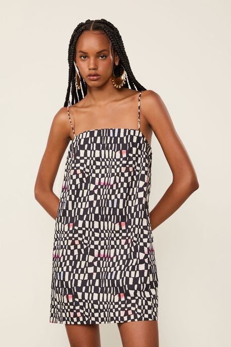 Vestido De Algodão Curto Estampado Est Geo Festival Tofu e Preto - 44
