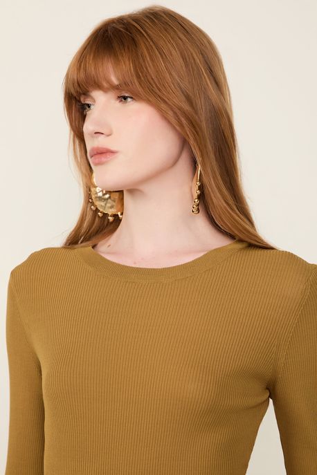 Blusa De Tricot Canelado Manga Longa Básica Verde Antique - GG