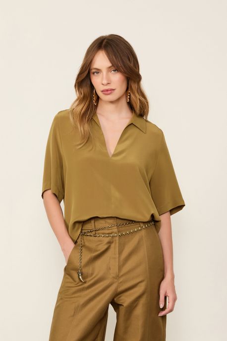 Camisa De Seda Polo Verde Antique Manga Curta Verde Antique - 38