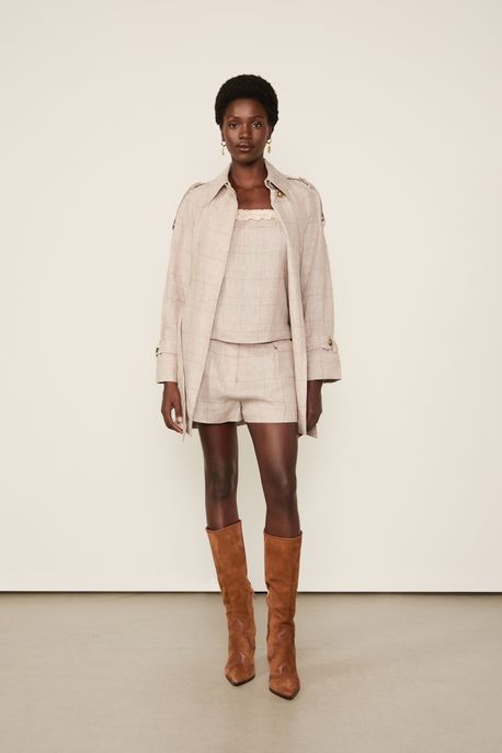 Trench Coat De Linho Xadrez Xadrez Bege - P