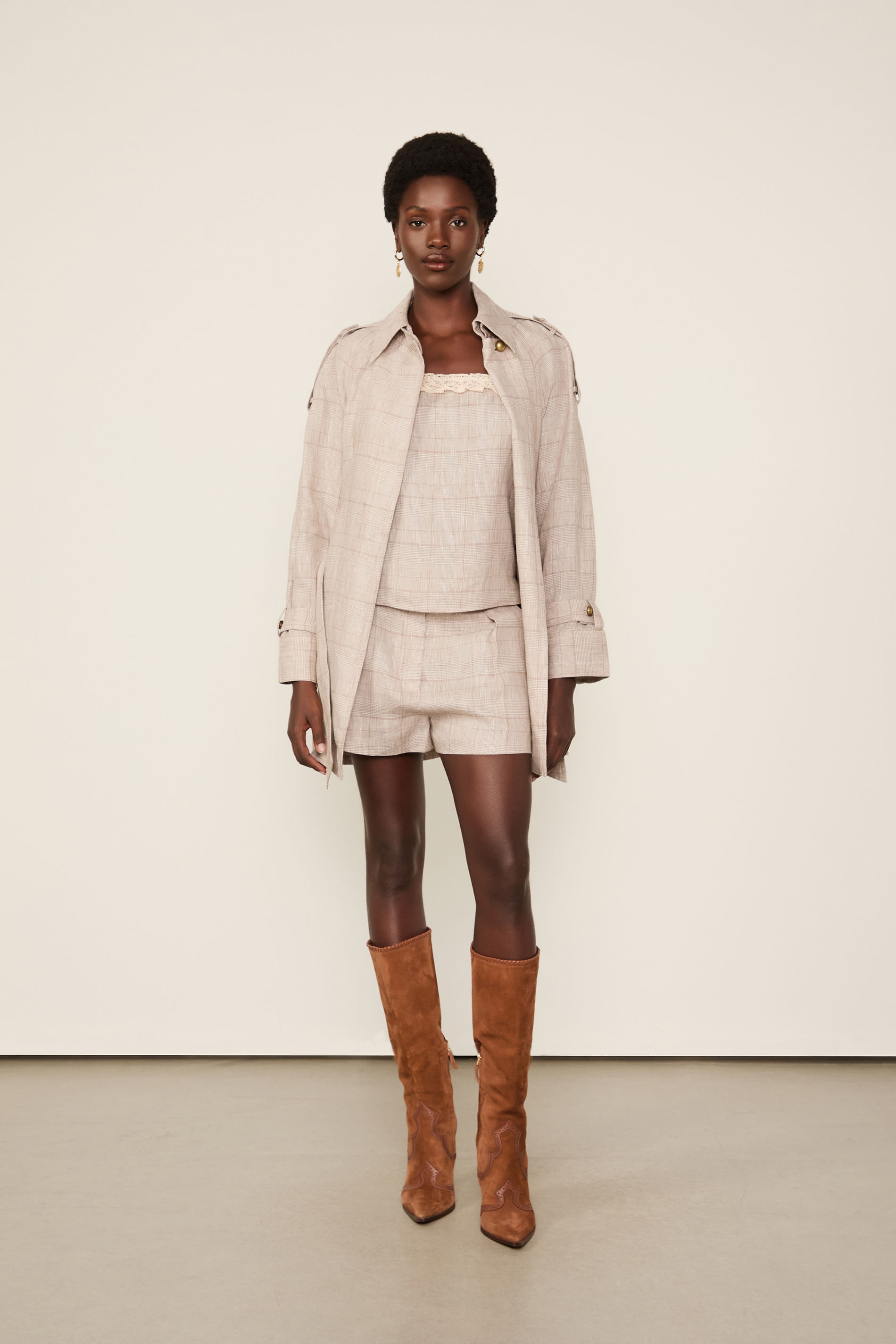 Trench Coat De Linho Xadrez