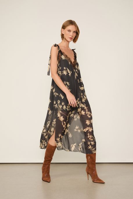 Vestido De Georgette Midi Renda Aplicada Estampado Est Floral Sepia Espacado Color g - 36