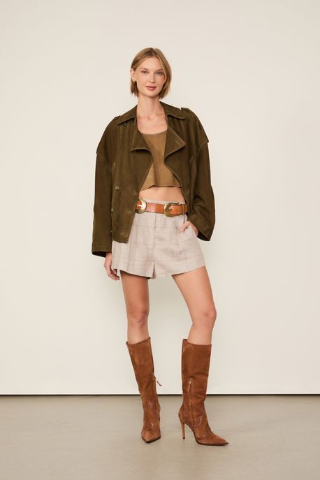 Short De Linho Xadrez Xadrez Bege - 38