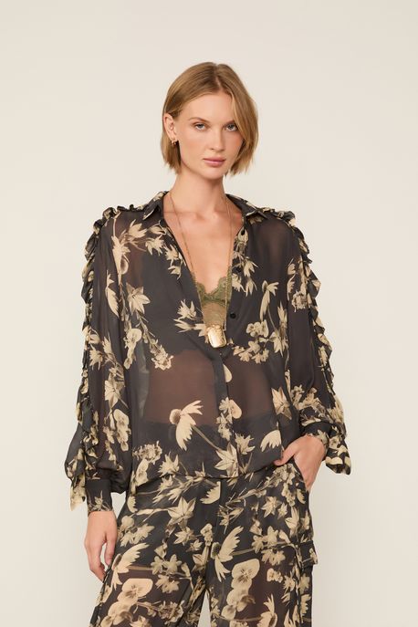 Camisa De Georgette Ampla Manga Babado Estampada Est Floral Sepia Espacado Color g - 40