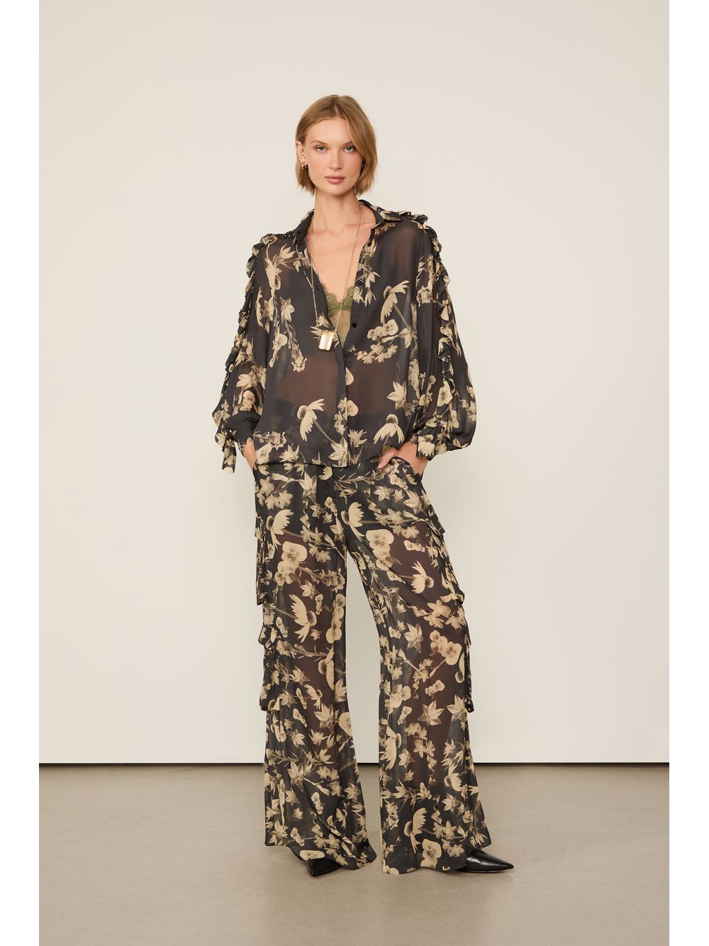 Animale — Camisa De Georgette Ampla Manga Babado Estampada