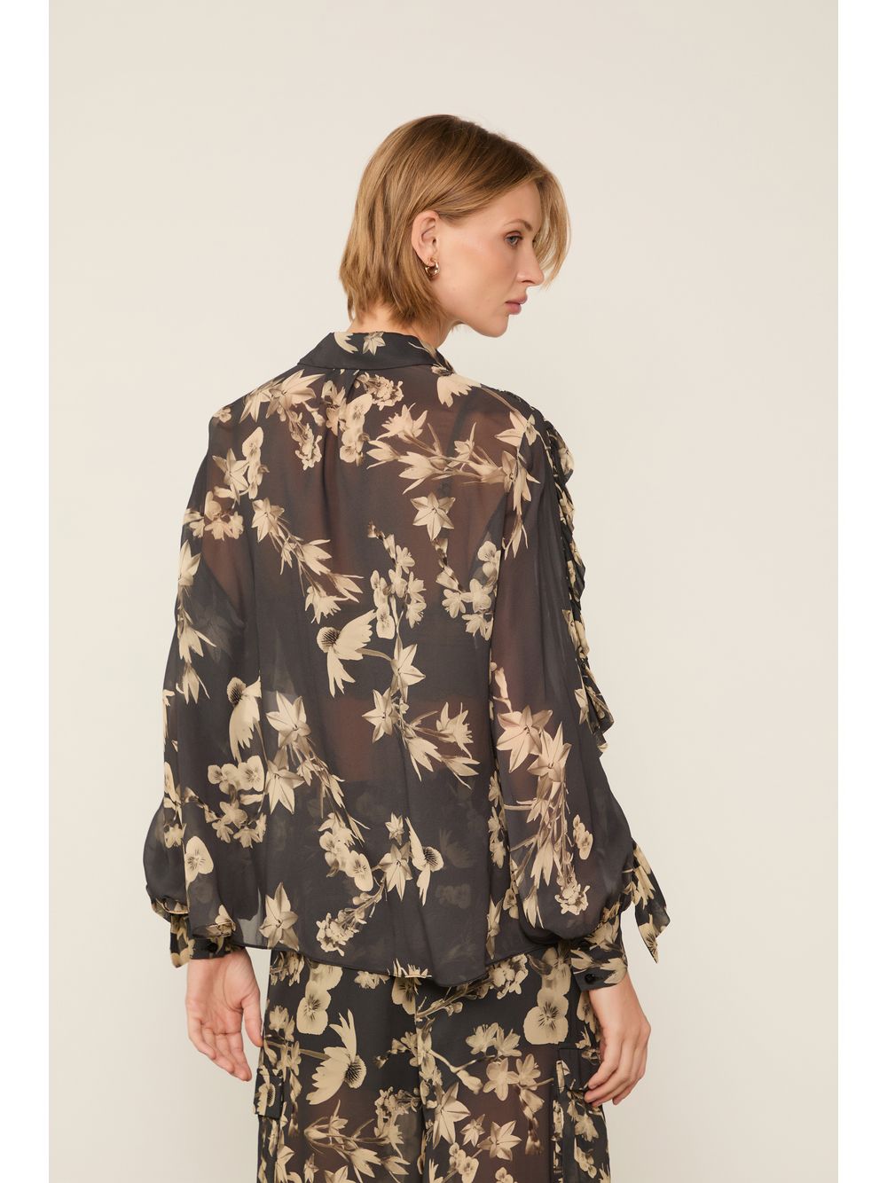 Animale — Camisa De Georgette Ampla Manga Babado Estampada