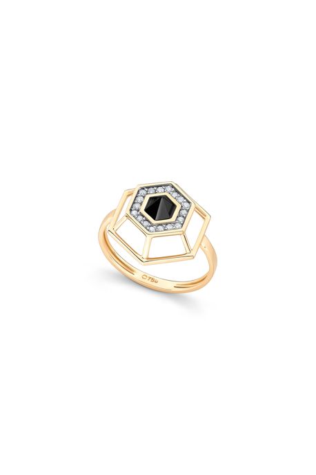 Anel Velvet Ouro Amarelo Com Diamante / Quartzo Negro - 17