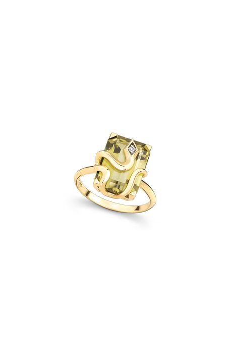 Anel Serpens Gema Ouro Amarelo Com Diamante / Quartzo Oliva - 17