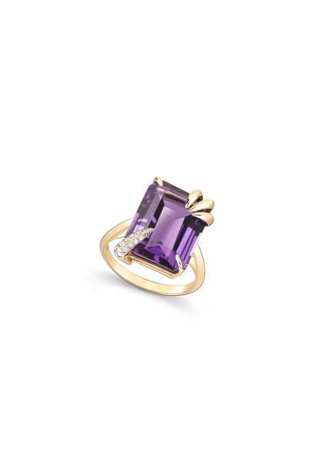 Anel Claw Ouro Amarelo Com Diamante / Ametista - 17