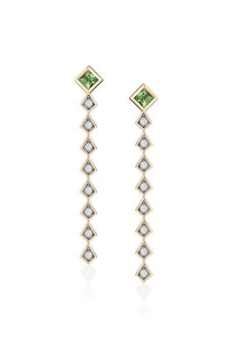 Brinco Art Deco Longo Ouro Amarelo Com Turmalina Verde / Diamante - U