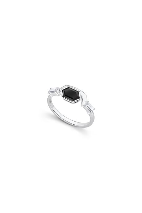 Anel State Ouro Branco Com Topázio White / Quartzo Negro - 17