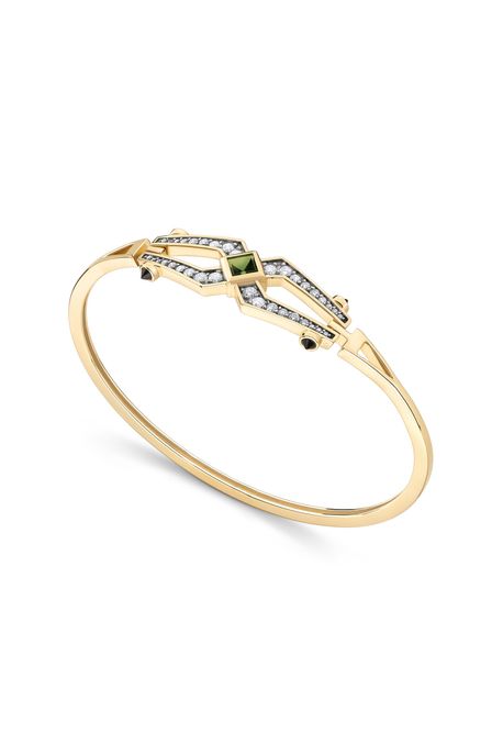 Bracelete Art Deco Ouro Amarelo Com Turmalina Verde / Diamante / Quartzo Negro - U