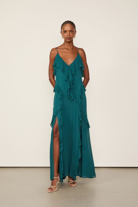 Vestido Alcinha De Georgette Longo Azul Atlântico Com Babados Azul Atlântico - 42