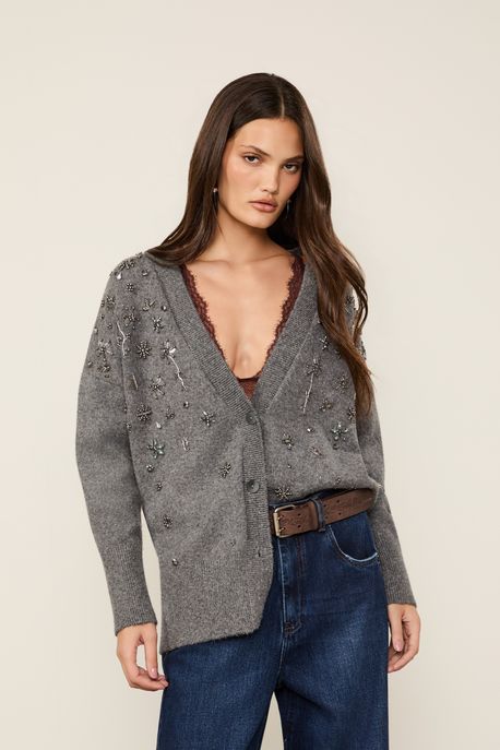 Cardigan De Tricot Mescla Oversized Com Bordado Mescla Escuro - P