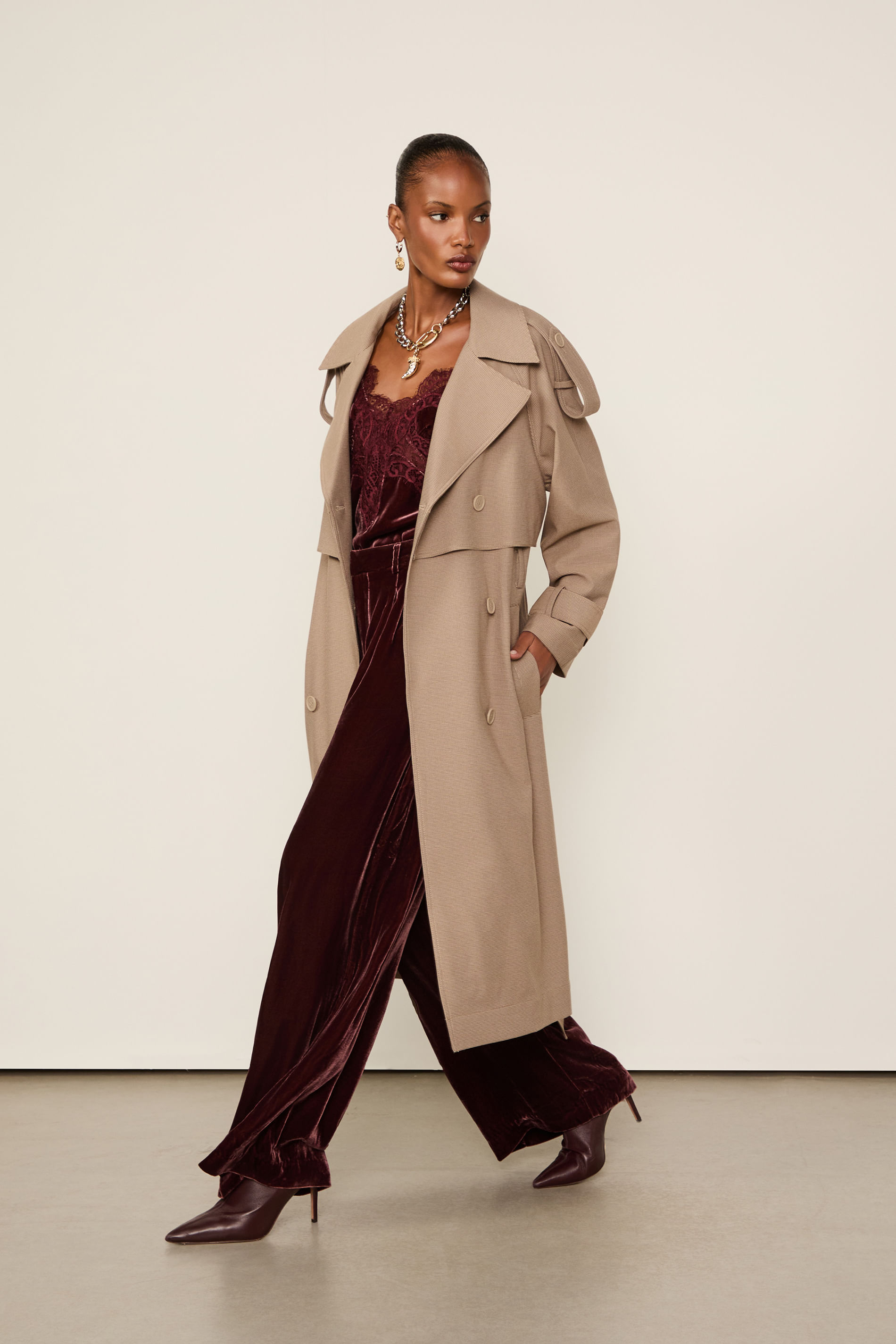 Trench Coat Longo Xadrez Pied De Poule Caramelo