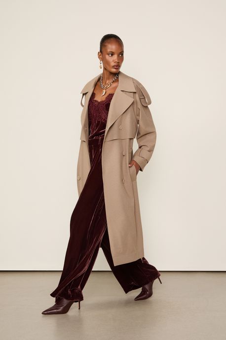 Trench Coat Longo Xadrez Pied De Poule Caramelo Marrom - G