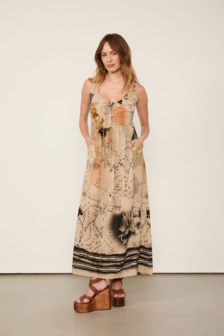 Vestido Midi Estampado Est Bar Fig Carta Duplo Color - 42