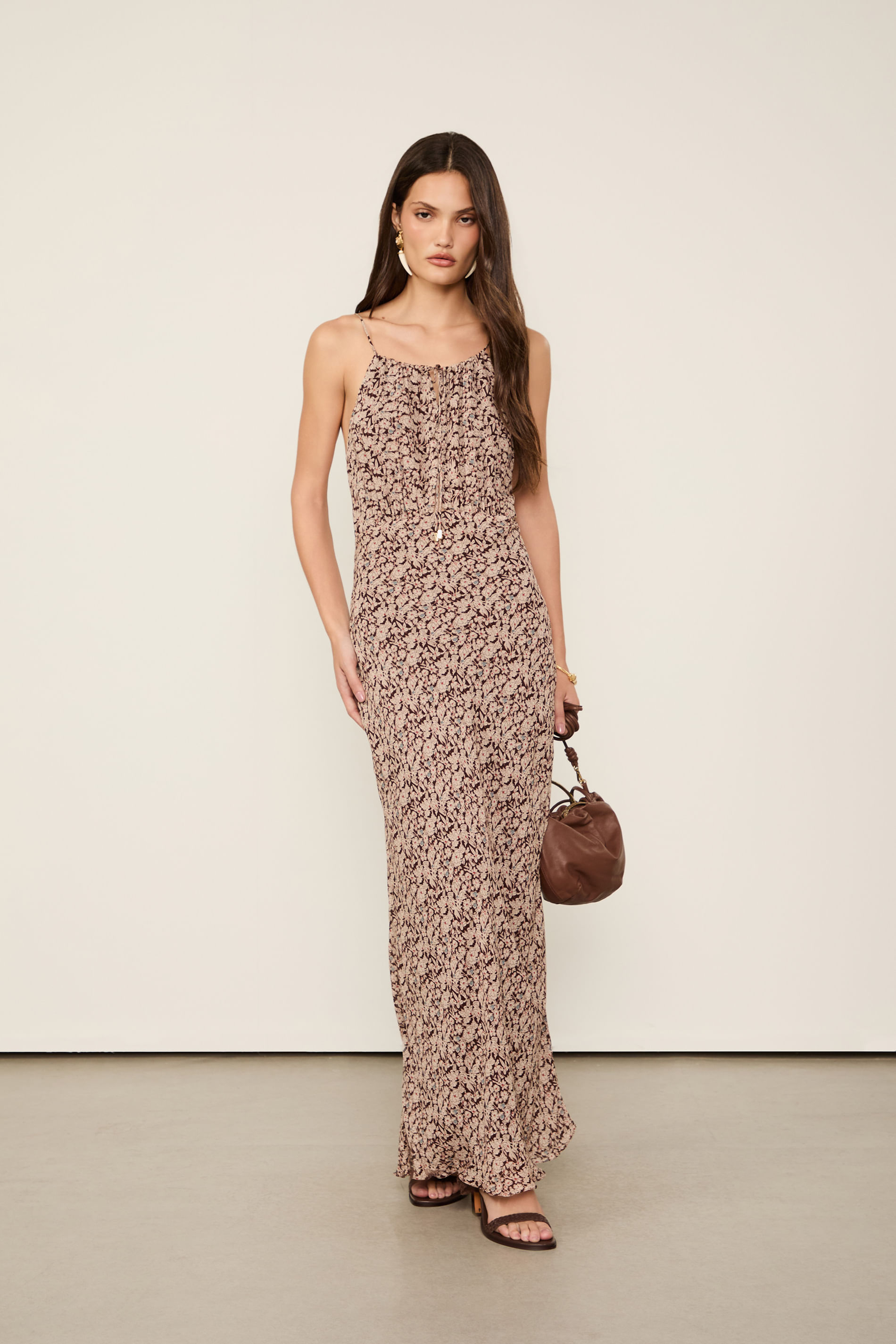 Vestido De Georgette Midi Decote Amarração Estampado
