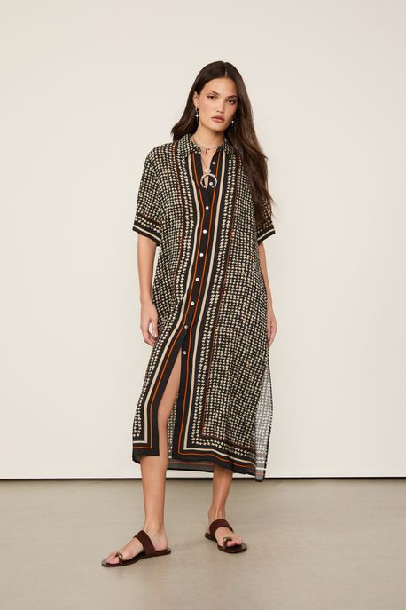 Chemise Midi Estampada Est Pied De Poule Preto - 40