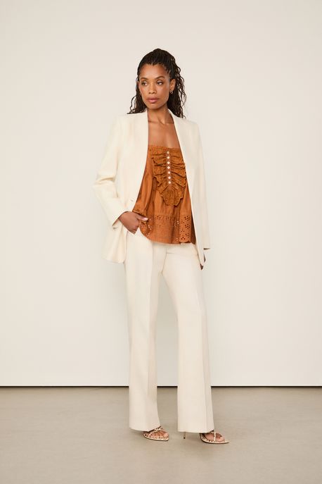 Calça Reta De Algodão Com Linho Bege Bege Tofu - 34