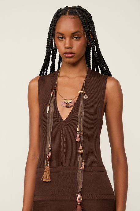 Colar De Organza Longo Ouro / Marrom Boho - U