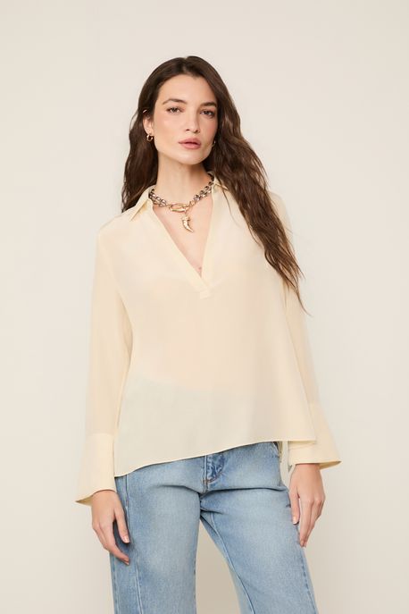 Camisa Polo De Seda Bege Pret Manga Longa Bege Pret - 36