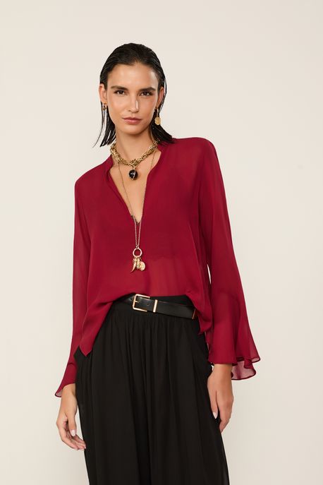 Camisa De Georgette Manga Longa Nesga Vermelho Vermelho Wing - 36