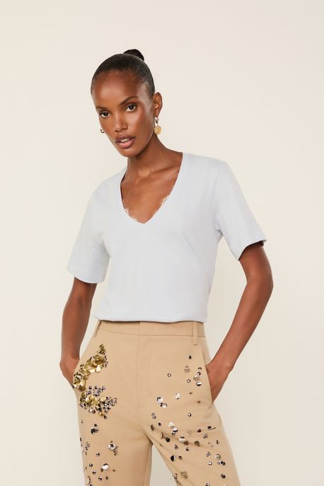 T-Shirt De Algodão Pima Decote v Colors Azul Fairy - PP