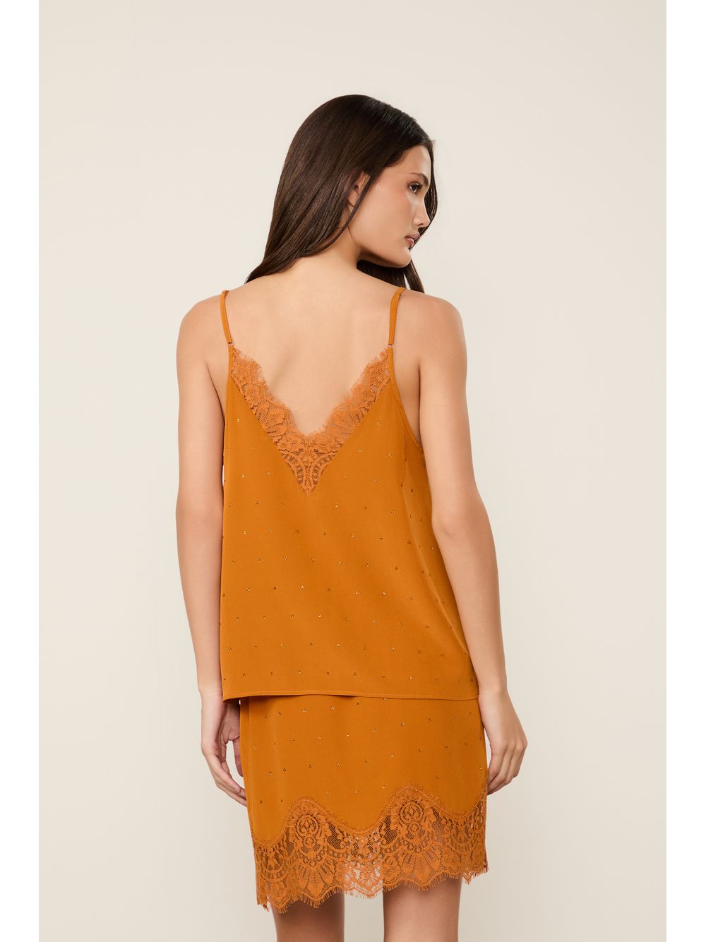 Animale — Top De Seda Laranja Veludo Com Strass e Renda