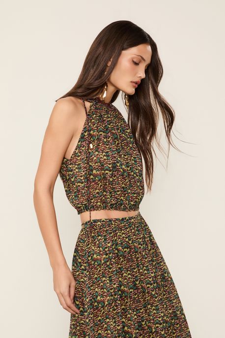 Top De Georgette Decote Trapézio Estampado Amarração Est Fig Fly Atlantico - 36
